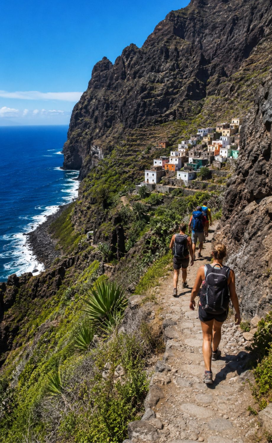 Hikers on a cliff trail above the Atlantic