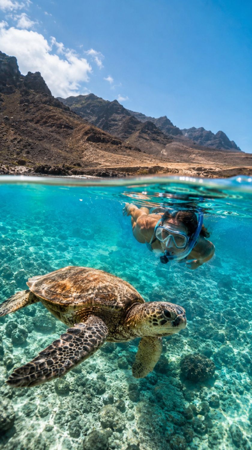 Snorkeller swimming beside a sea turtle